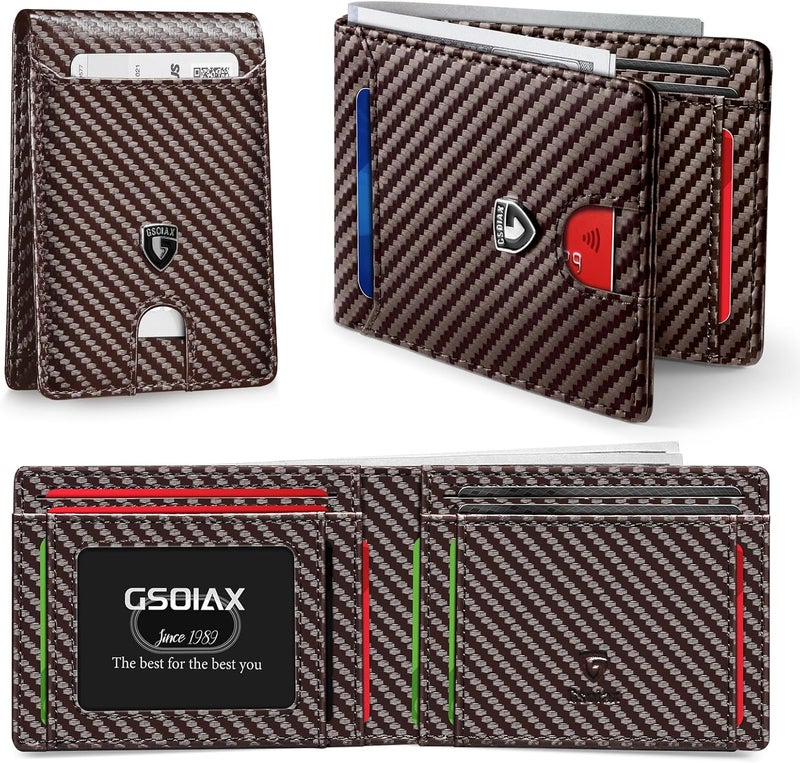 GSOIAX Slim Wallet for Men RFID Blocking Bifold Wallet Carbon Fiber Front Pocket Wallet with 11 Card Holder Minimalist Mens Wallet with Gift Box(Carbon Fiber - Coffee) - Image 1